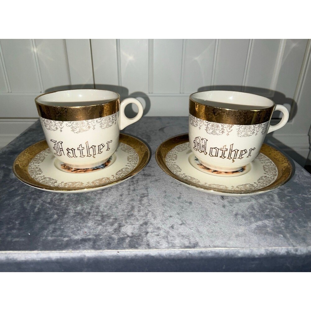 Vintage Sabin Tea Set 22K Gold Trimmed, Rare Mother & Father Cups Saucers set